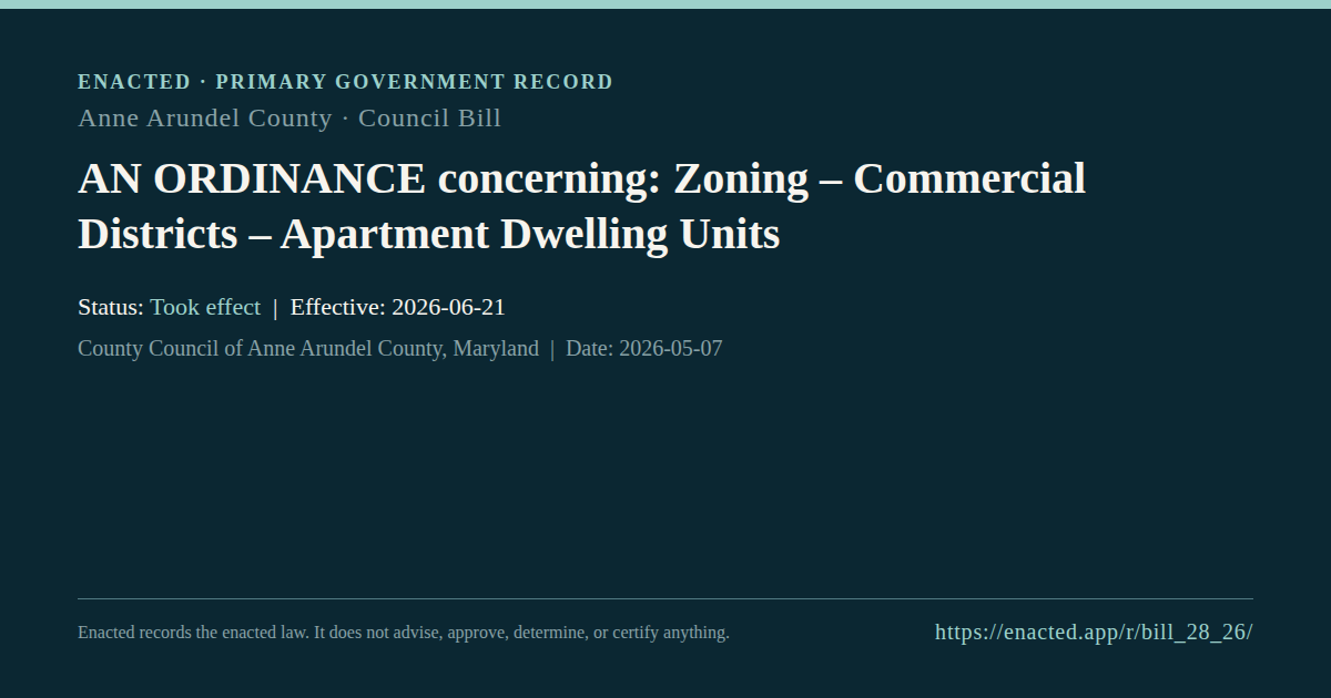 AN ORDINANCE concerning: Zoning – Commercial Districts – Apartment Dwelling Units